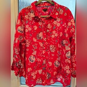 Talbots Women's Plus 2x cotton button-front floral Print Red White Blue